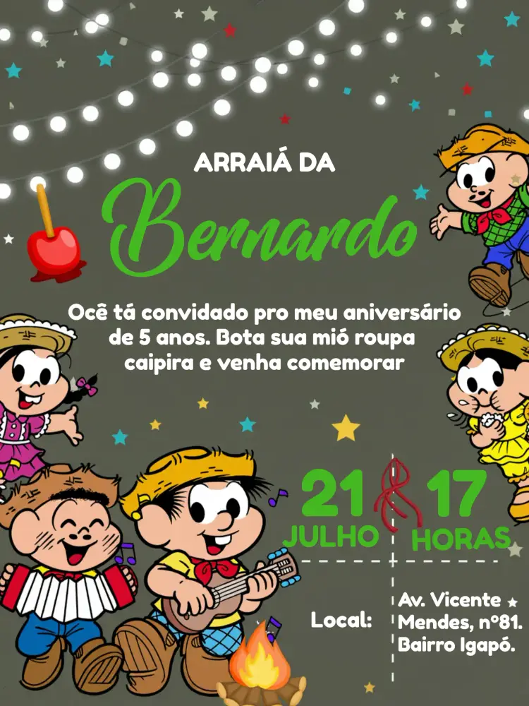Convite Arraiá Turma Da Mônica Turmadamonica editável e personalizável
