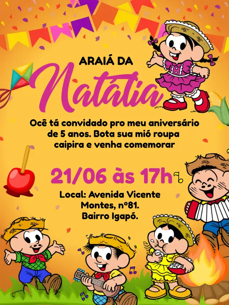 Convite Arraiá Turma Da Mônicana Turmadamonica – tema Aniversário Infantil colorido, infantil, festa junina, divertido, personagens, vibrante