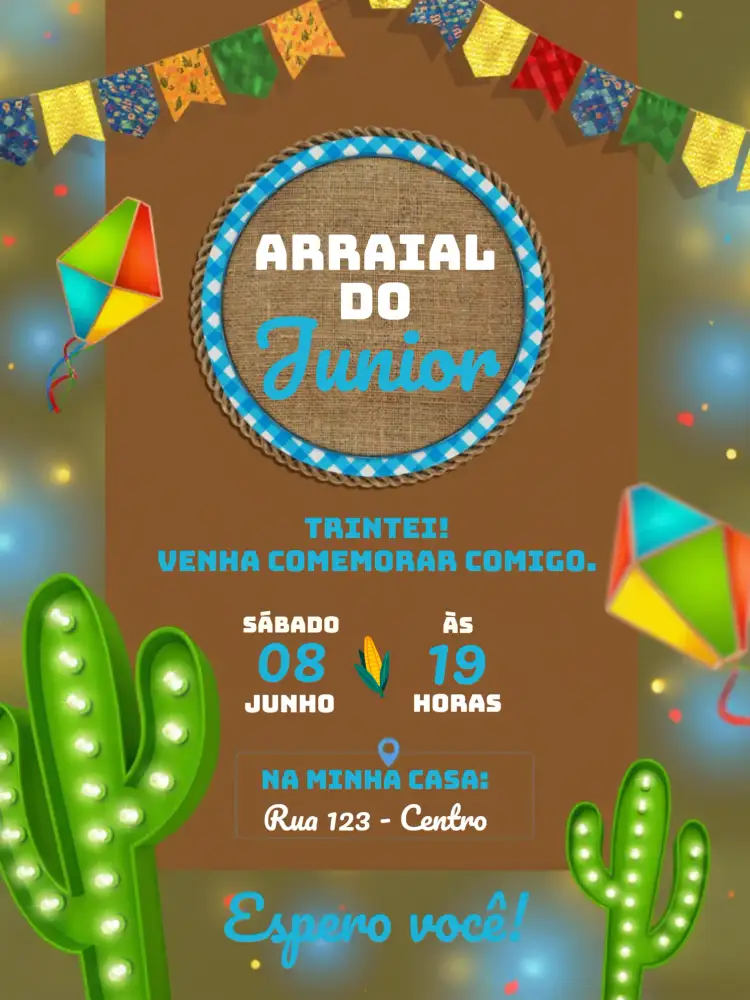 Convite Arraial Festa Junina Amarelo – tema Datas Comemorativas colorido, vibrante, caipira, festivo, tradicional