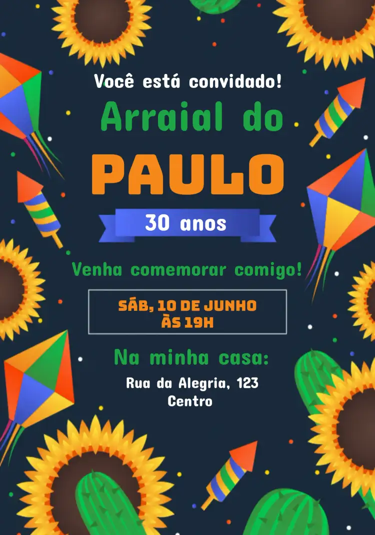 Convite Arraial Festa Junina Balão – tema Datas Comemorativas colorido, festivo, rústico, tradicional, alegre
