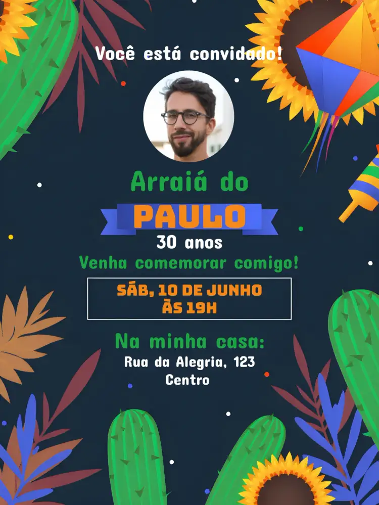 Convite Arraial Festa Junina Com Foto Azul – tema Datas Comemorativas colorido, junino, festivo, vintage, alegre