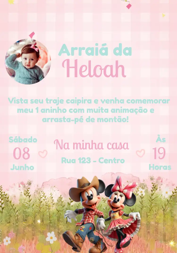 Convite Arraial Festa Junina Com Foto Caipira – tema Datas Comemorativas caipira, colorido, festivo, tradicional, vibrante
