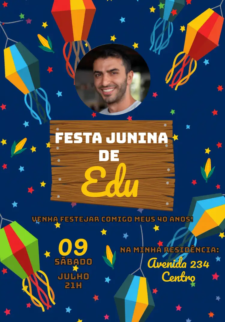 Convite Arraial Festa Junina Com Foto Caipira – tema Datas Comemorativas colorido, caipira, festivo, rústico, vintage