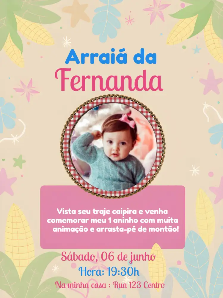 Convite Arraial Festa Junina Com Foto Milho – tema Datas Comemorativas colorido, tradicional, divertido, rústico, infantil, festivo
