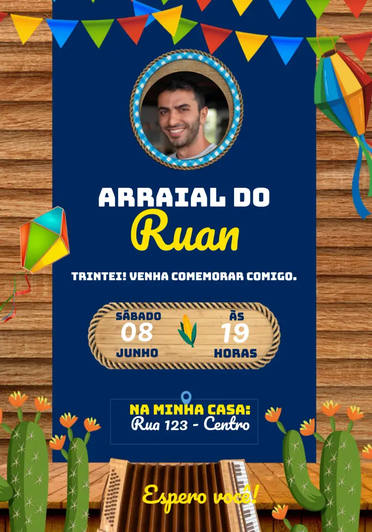 Convite Arraial Festa Junina Com Foto São – tema Datas Comemorativas colorido, caipira, vintage, festivo, rústico