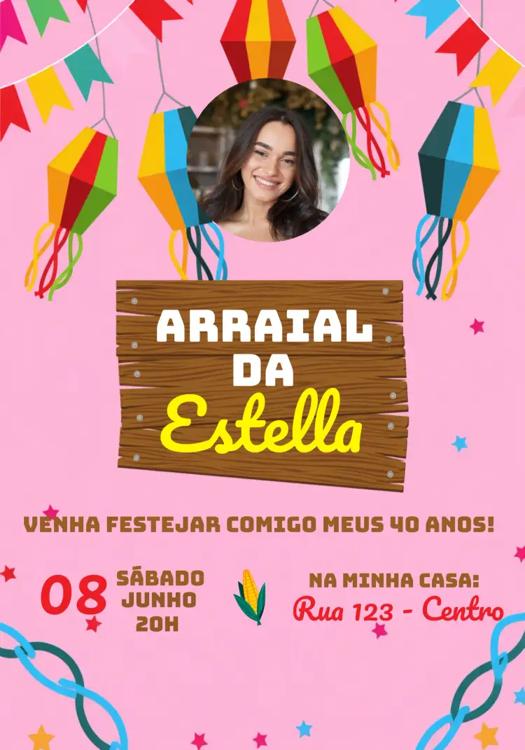 Convite Arraial Festa Junina Com Foto Vermelho – tema Datas Comemorativas colorido, tradicional, festivo, rústico, vibrante