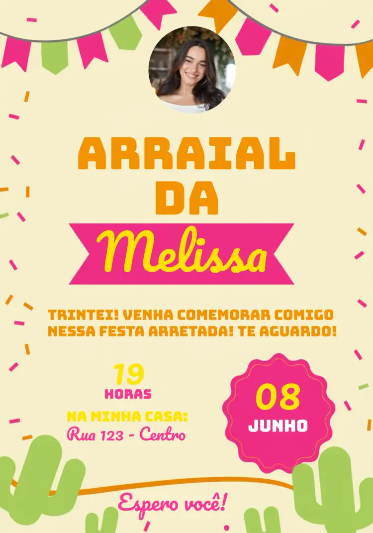 Convite Arraial Festa Junina Com Foto Vermelho – tema Datas Comemorativas vibrante, tradicional, festivo, colorido, rústico, alegre