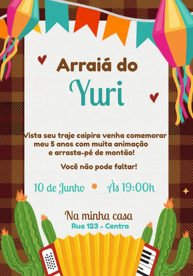 Convite Arraial Festa Junina Infantil – tema Datas Comemorativas colorido, divertido, tradicional, infantil, festivo, alegre