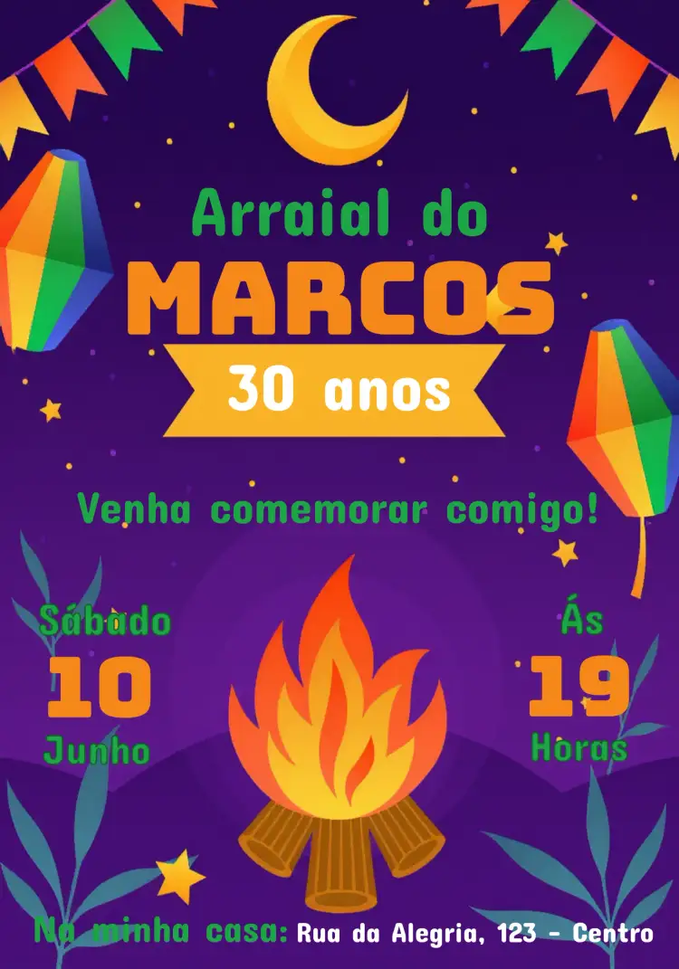 Convite Arraial Festa Junina São – tema Datas Comemorativas colorido, tradicional, festivo, vintage, divertido, rústico