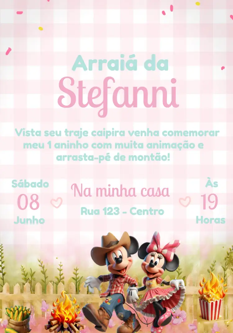 Convite Arraial Mickey Mouse Minnie – tema Datas Comemorativas junino, colorido, divertido, infantil, temático, caipira