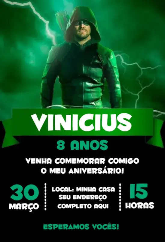 Convite Arrow 1 – tema Aniversário super-heróis, verde vibrante, ilustrações divertidas, moderno, temática de aventura