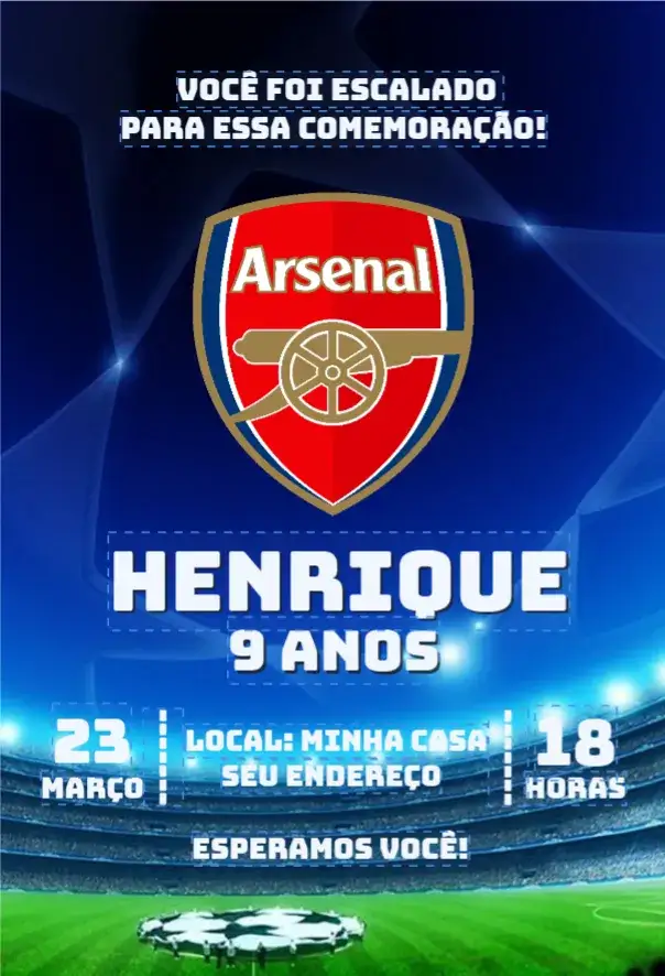 Convite Arsenal 1 – tema Aniversário futebol, moderno, vibrante, esportivo, colorido