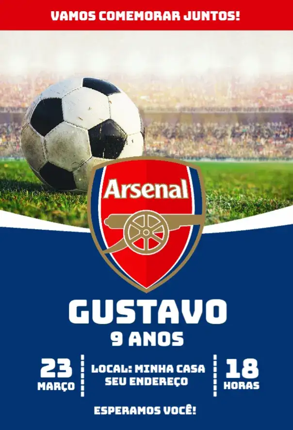 Convite Arsenal 2 – tema Aniversário futebol, moderno, vibrante, esportivo, colorido, jovial