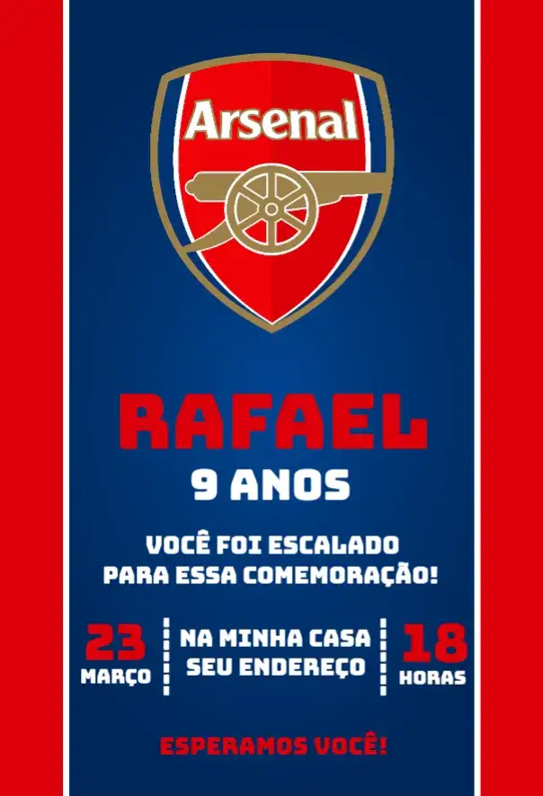 Convite Arsenal 4 – tema Aniversário vermelho e branco, futebol, moderno, divertido, dinâmico