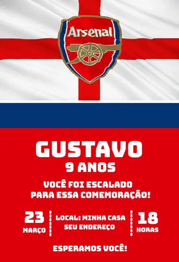 Convite Arsenal 5 – tema Aniversário futebol, esportes, Arsenal