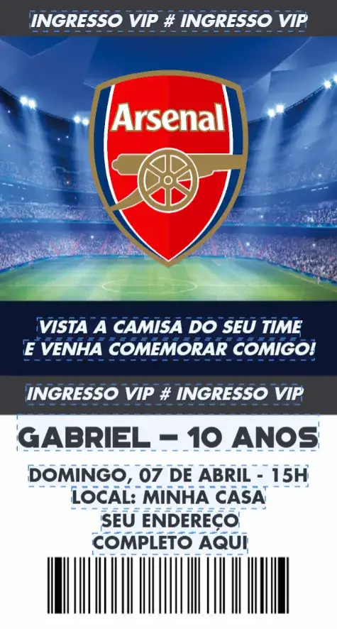Convite Arsenal ingresso – tema Aniversário futebol, moderno, colorido, jogos, esportivo