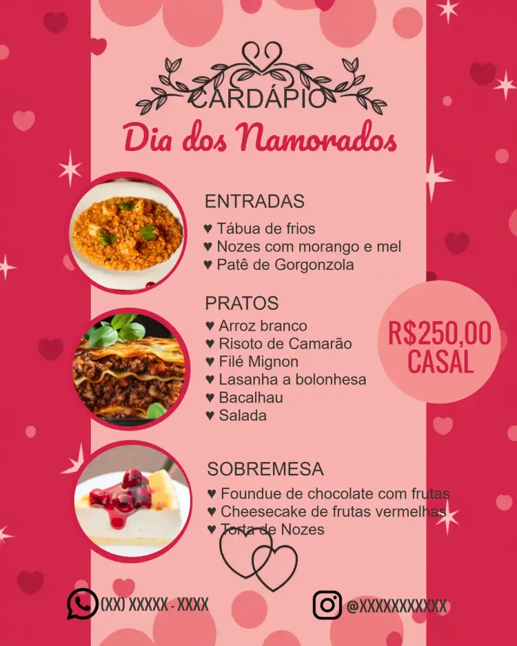 Convite Arte Cardápio Dia Dos Namorados Coração – tema Datas Comemorativas romântico, delicado, minimalista, moderno, colorido, elegante