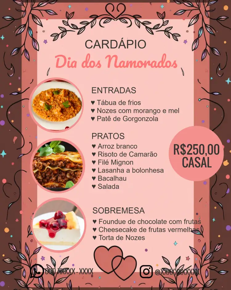 Convite Arte Cardápio Dia Dos Namorados Post – tema Datas Comemorativas romântico, gourmet, corações, colorido, moderno, aconchegante