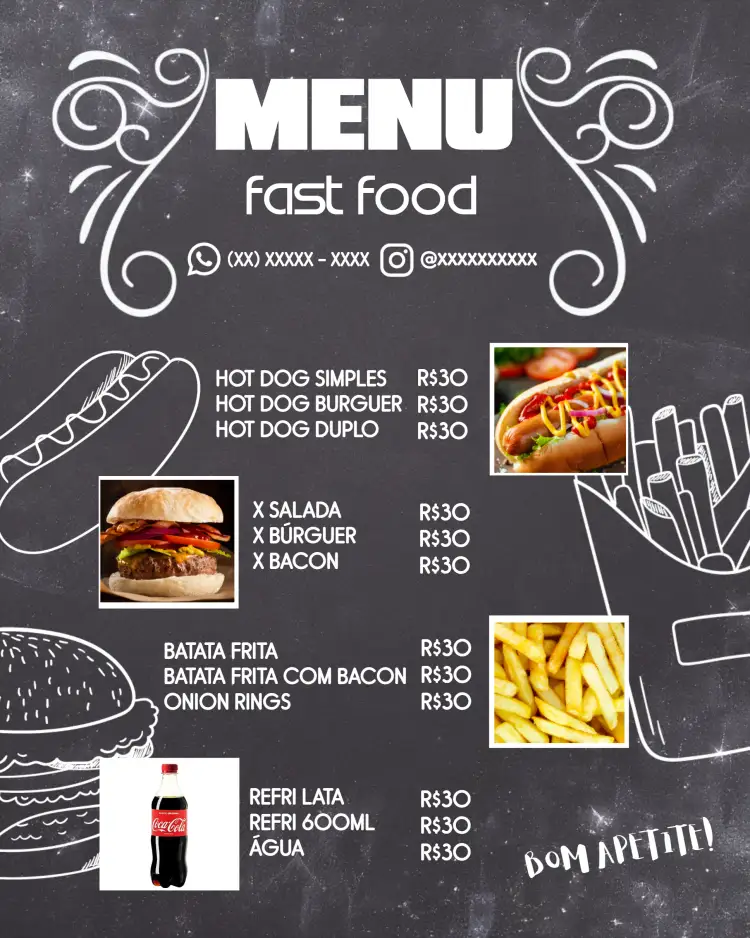 Convite Arte Cardápio Fast Food Chalkboard – tema Mais pesquisados chalkboard, divertido, moderno, colorido, informal