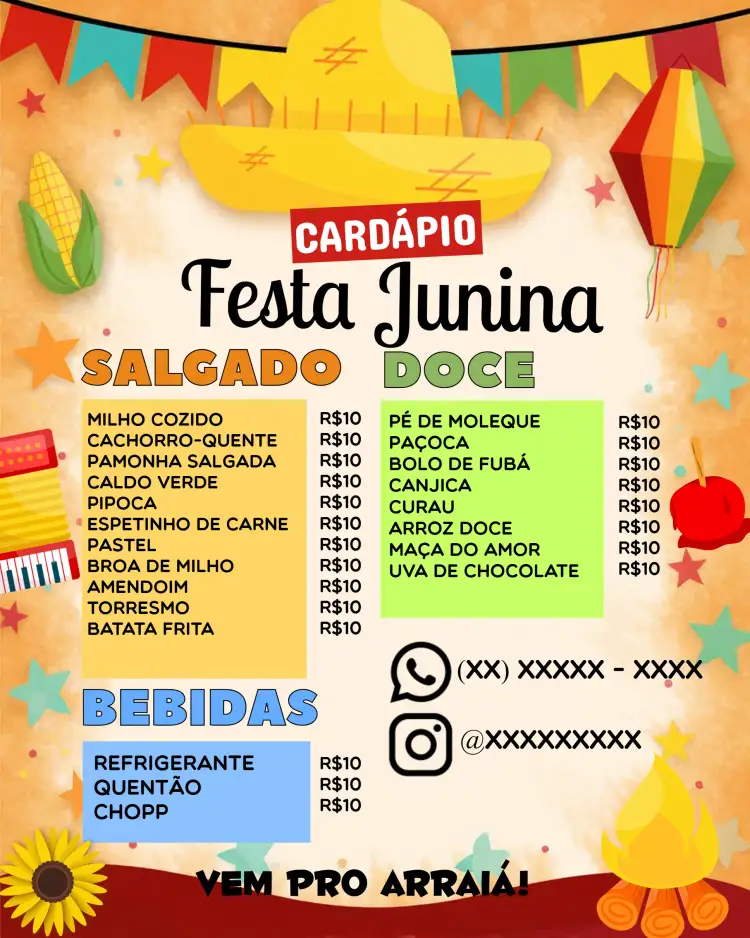 Convite Arte Cardápio Festa Junina Julina – tema Datas Comemorativas colorido, típico, vintage, festivo, rústico, alegre