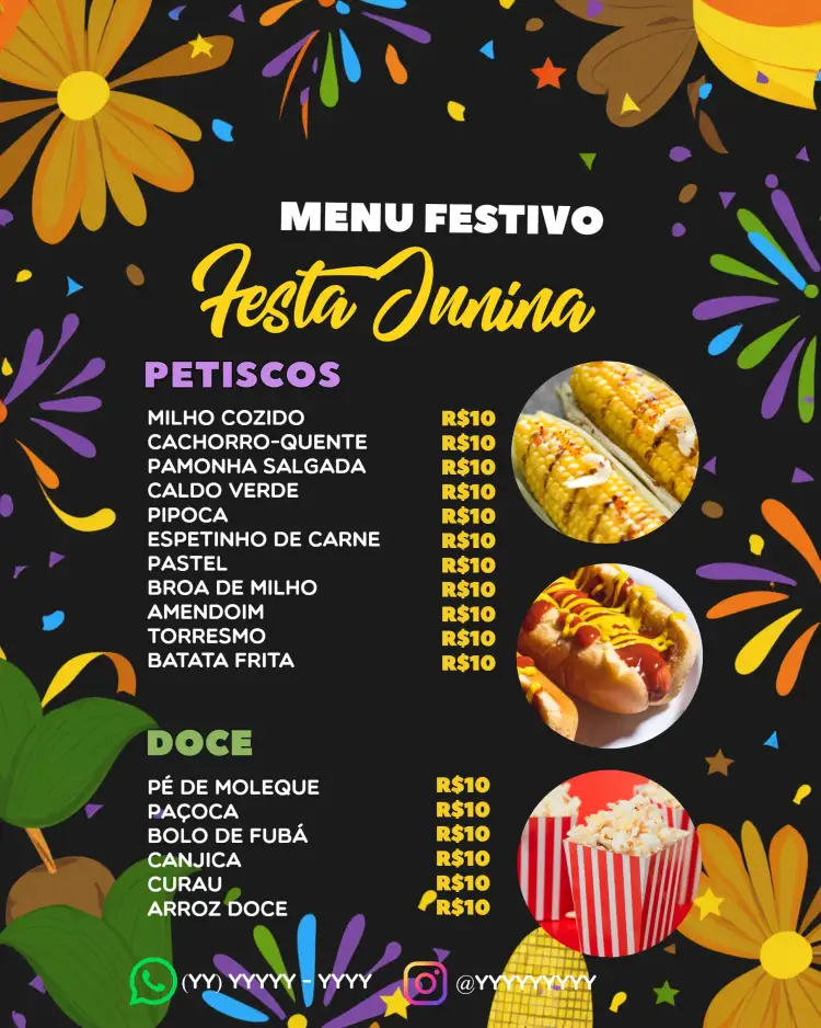 Convite Arte Cardápio Festa Junina Típica – tema Datas Comemorativas colorido, vintage, rústico, típico, festivo, divertido