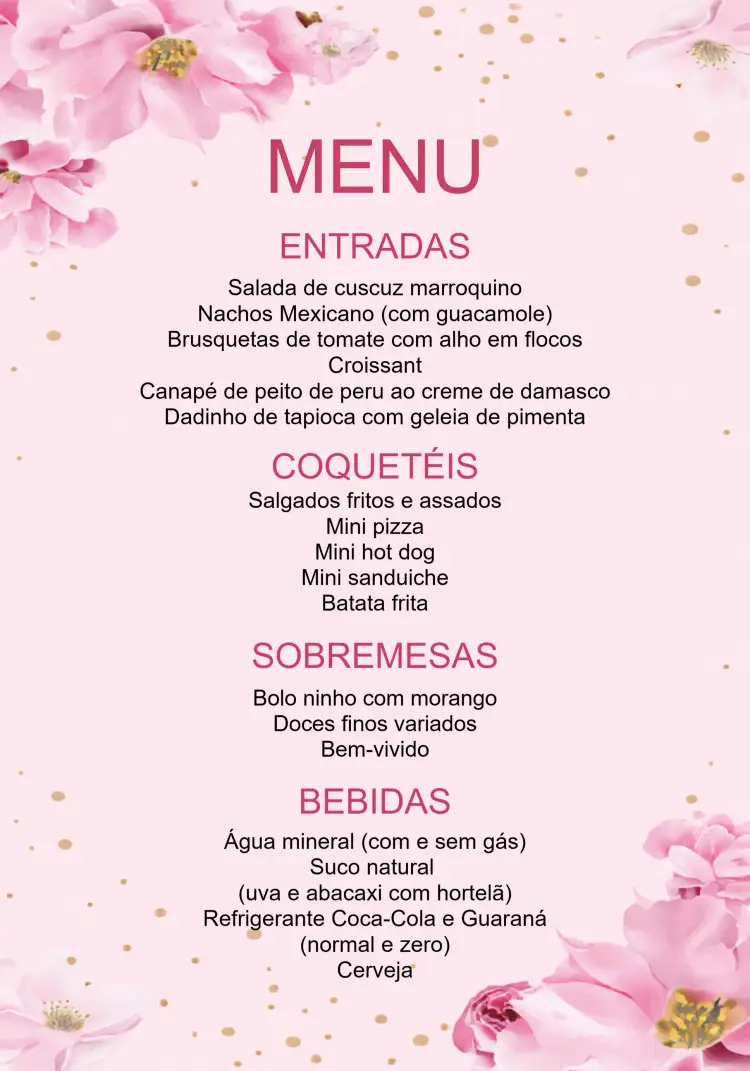 Convite Arte Cardápio Menu Casamento Festa – tema 15 anos floral, rosa, elegante, moderno, romântico