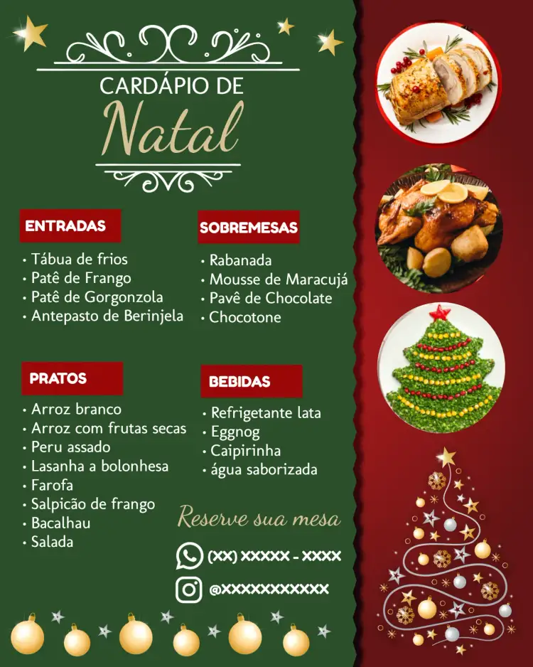 Convite Arte Cardápio Natal Final – tema Datas Comemorativas festivo, colorido, romântico, natalino, alegre, moderno