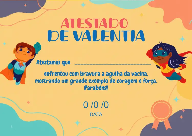 Convite Arte Certificado De Coragem Vacina – tema Formatura colorido, lúdico, marinho, infantil, divertido, encantador