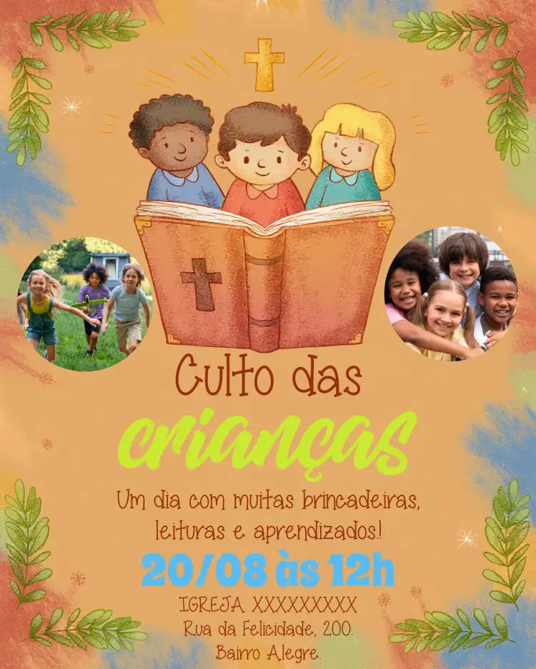 Convite Arte Para Culto Das Crianças Com Foto Igreja – tema Datas Comemorativas colorido, divertido, gospel, ilustrações infantis, vibrante, alegre