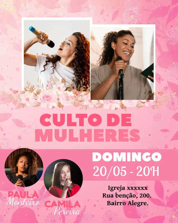 Convite Arte Para Culto De Mulheres Igreja Com Foto Panfleto – tema Batizado moderno, minimalista, colorido, floral, inspirador, elegante