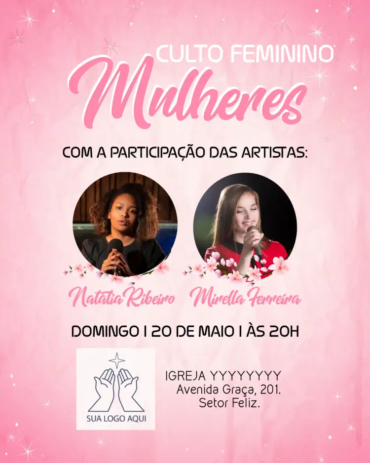 Convite Arte Para Culto De Mulheres Igreja Com Fotos Panfleto – tema Batizado floral, delicado, moderno, gospel, minimalista