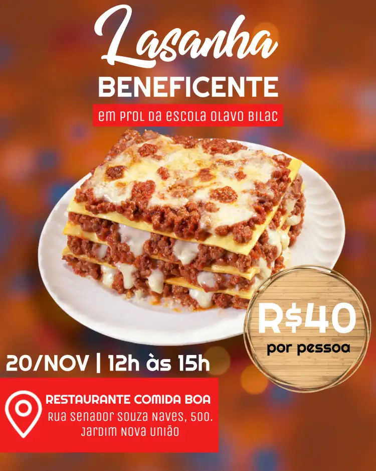 Convite Arte Para Lasanha Beneficente Ação – tema Mais pesquisados colorido, caseiro, vibrante, solidário, moderno, divertido