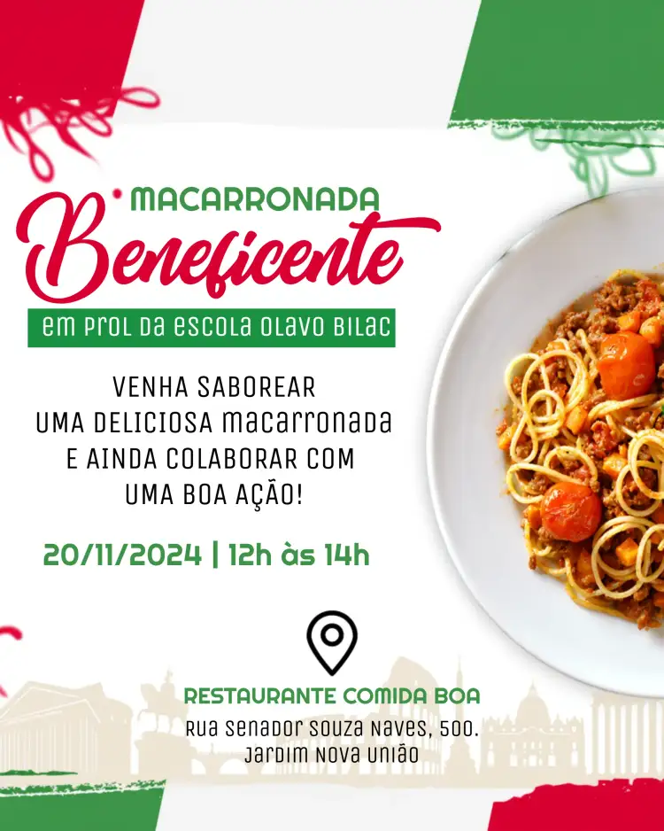 Convite Arte Para Macarronada Beneficente Feijoada – tema Mais pesquisados vibrante, festivo, colorido, moderno, divertido, solidário