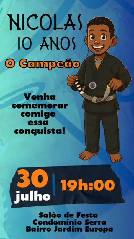 Invitación Artes Marciais Infantil – tema Aniversário Infantil moderno, colorido, temático, esportivo, dinâmico