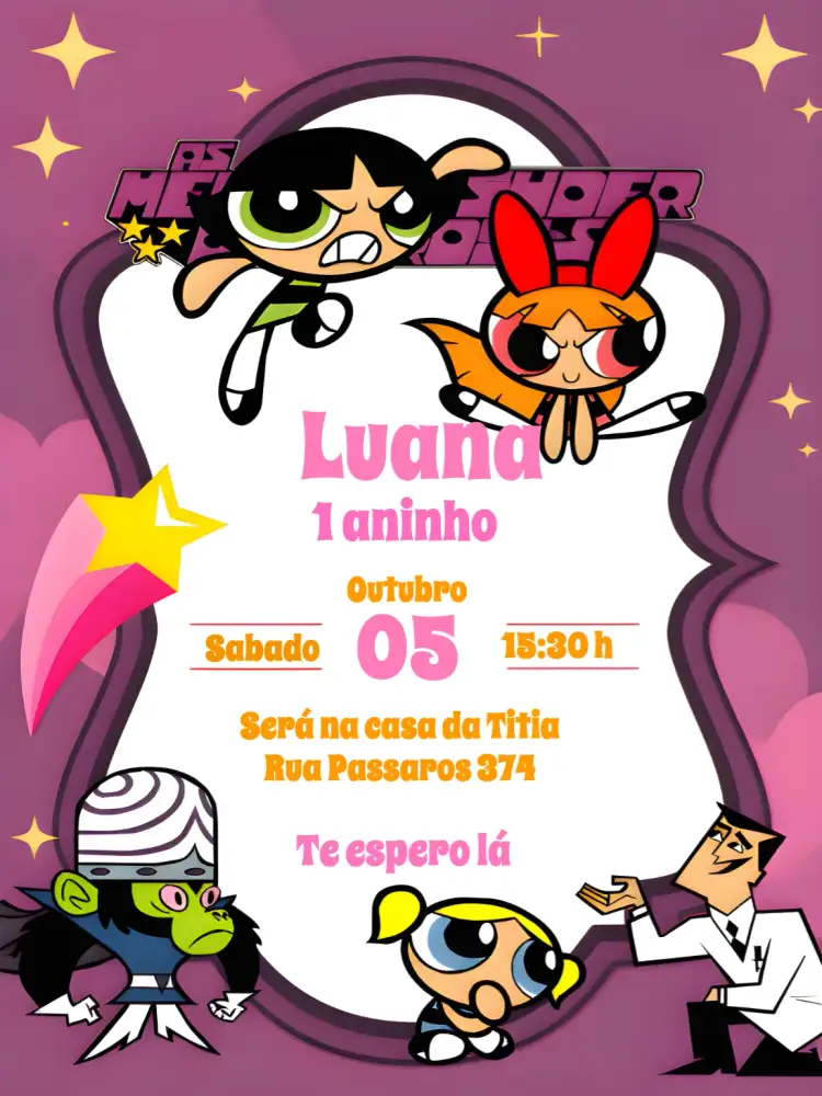 Convite As Meninas Super Poderosas Infantil – tema Aniversário Infantil colorido, divertido, infantil, moderno, lúdico