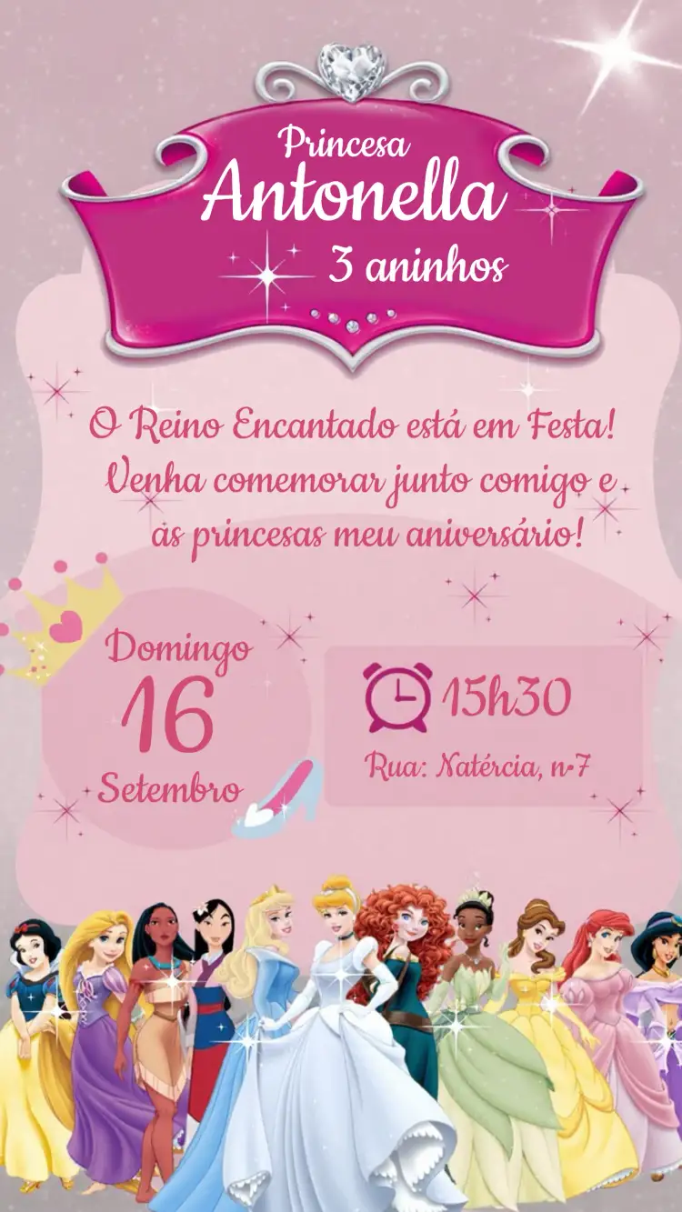 Convite As Princesas Da Disney Rosa – tema Mais pesquisados rosa, mágico, infantil, colorido, fantasia