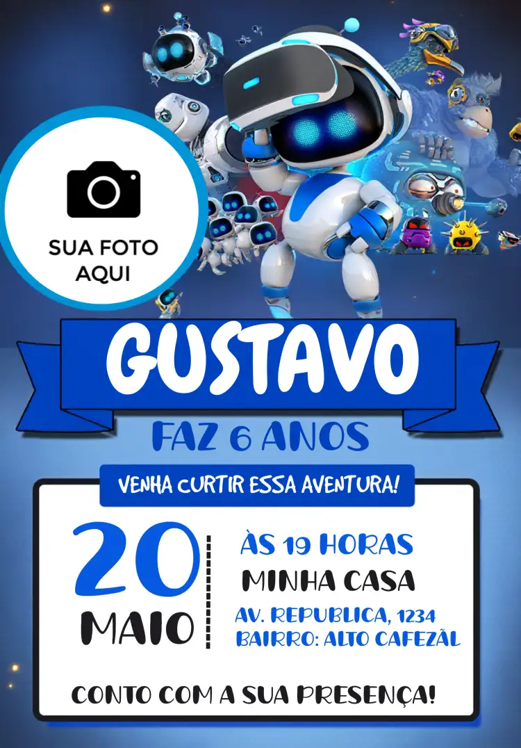 Convite Astro Bot Com Foto Astrobot – tema Mais pesquisados espacial, moderno, tecnológico, divertido, colorido