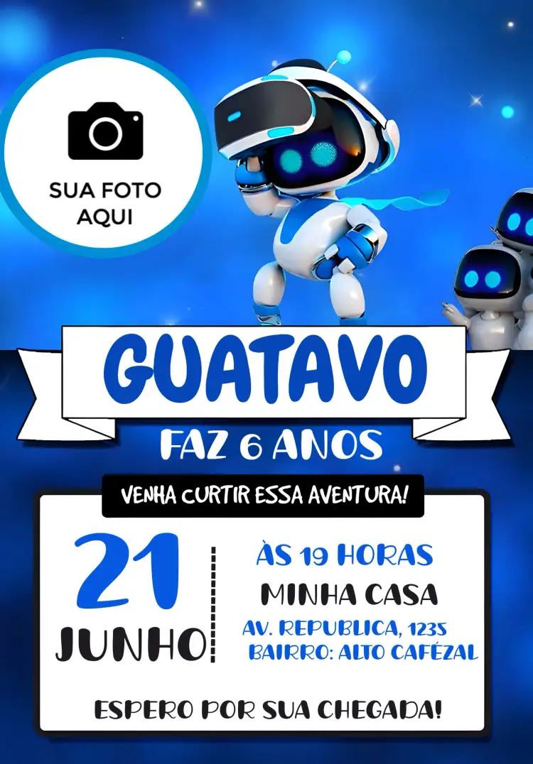 Convite Astro Bot Com Foto Branco – tema Mais pesquisados moderno, tecnológico, infantil, colorido, divertido, futurista