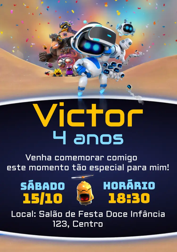 Convite Astro Bot Mimir – tema Mais pesquisados moderno, tecnológico, colorido, divertido, infantil, futurista