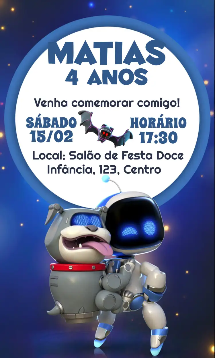 Convite Astro Bot Universo – tema Mais pesquisados galáxia, robô, espaço, futurista, brilhante, colorido