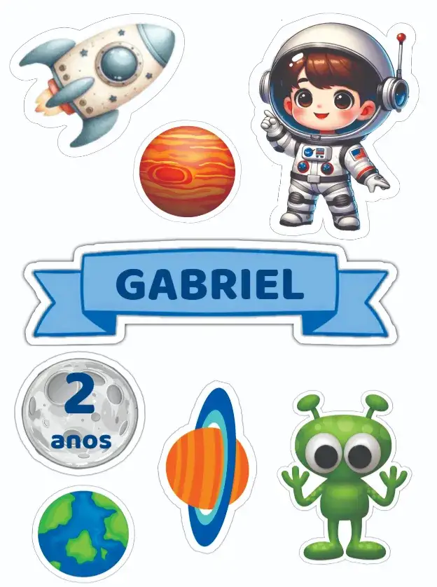 Convite Astronauta – tema Topo de bolo espaço, divertido, colorido, ilustrações de foguetes, planetas, astronáutica