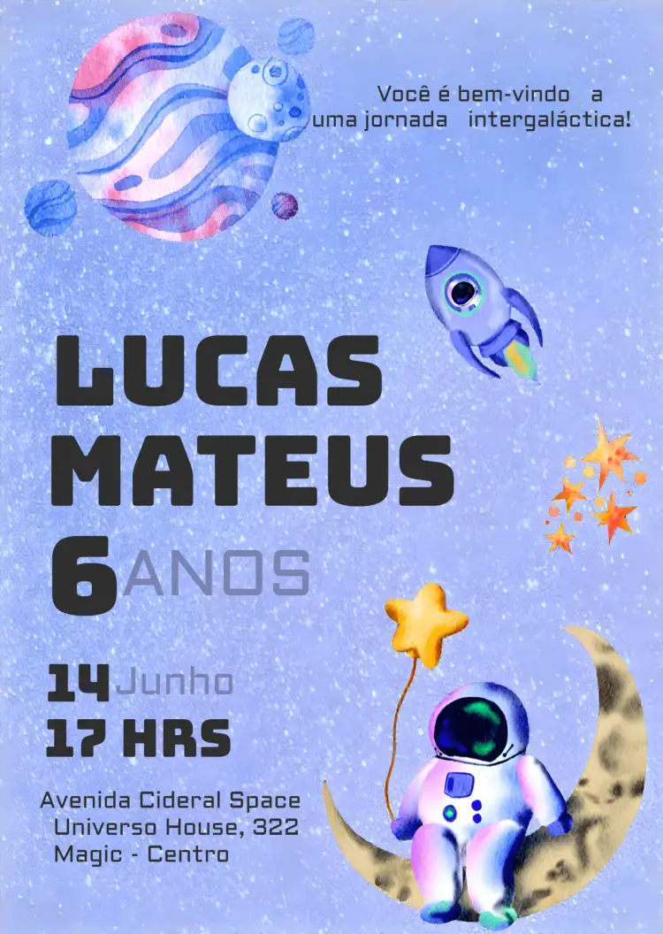 Convite Astronauta Aquarela – tema Aniversário Infantil aquarela, espaço, astronauta, galáxia, roxo e azul, temática infantil