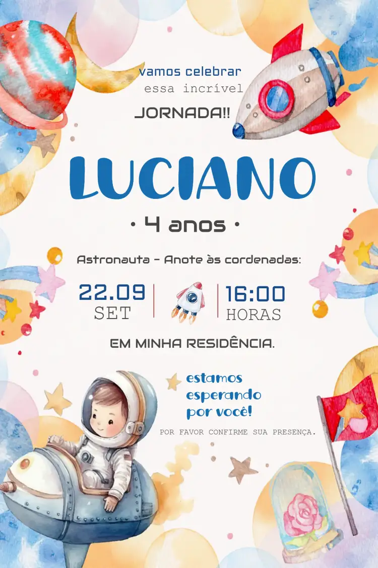 Convite Astronauta Aquarela Infantil – tema Mais pesquisados aquarela, espaço, temática infantil, cores suaves, elementos lúdicos