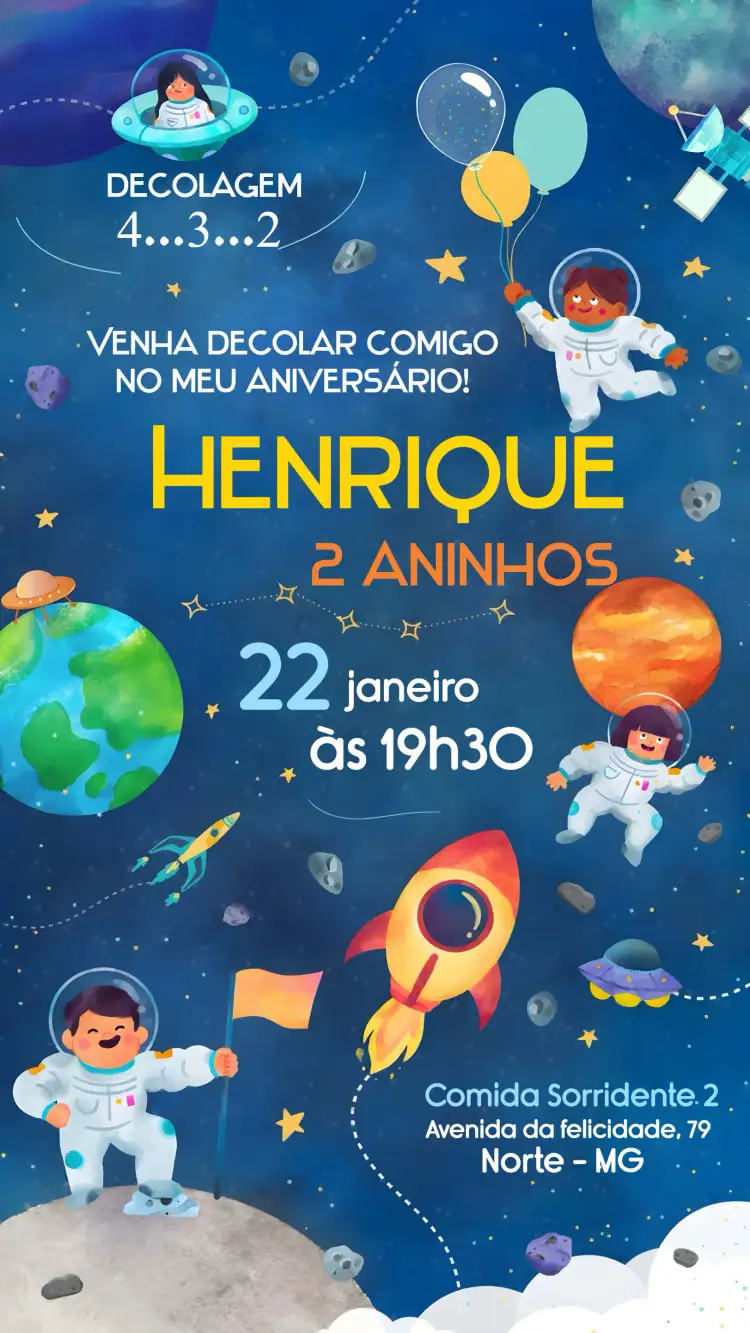 Convite Astronauta Azul – tema Mais pesquisados espacial, azul, moderno, infantil, divertido