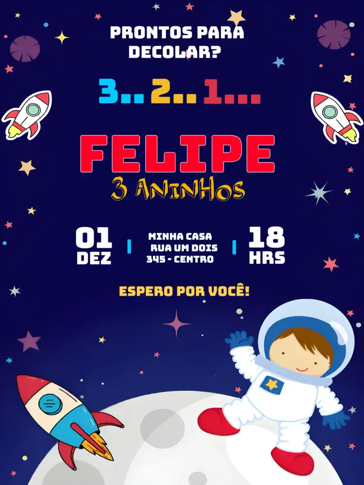 Convite Astronauta Azul – tema Mais pesquisados espacial, azul, ilustrações divertidas, futurista, colorido, infantil