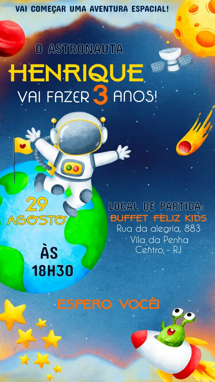 Convite Astronauta – tema Mais pesquisados espacial, divertido, colorido, moderno, lúdico, infantil