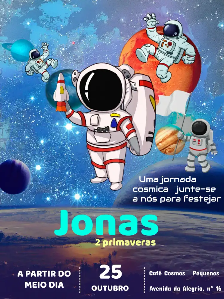 Convite Astronauta Galáxia – tema Mais pesquisados galáctico, astronômico, moderno, infantil, futurista, colorido