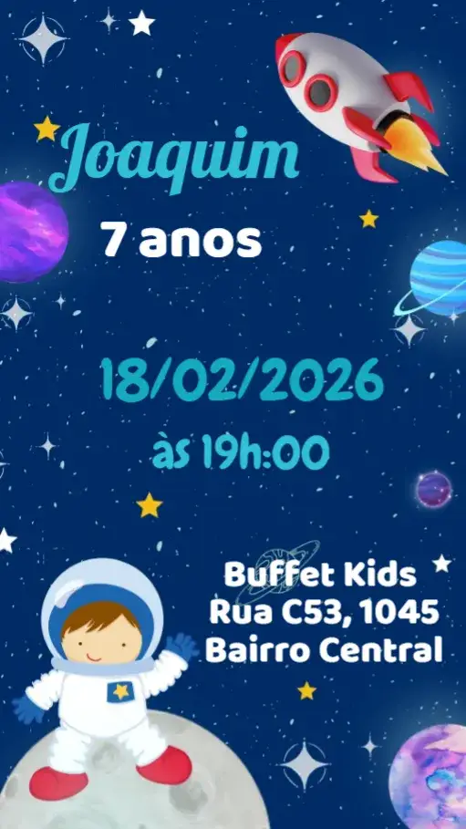 Convite Astronauta Menino – tema Aniversário Infantil espacial, colorido, divertido, moderno, ilustrações infantis, tema galáxia