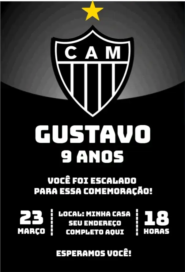 Convite Atlético Mineiro – tema Aniversário futebol, moderno, vibrante, colorido, temático