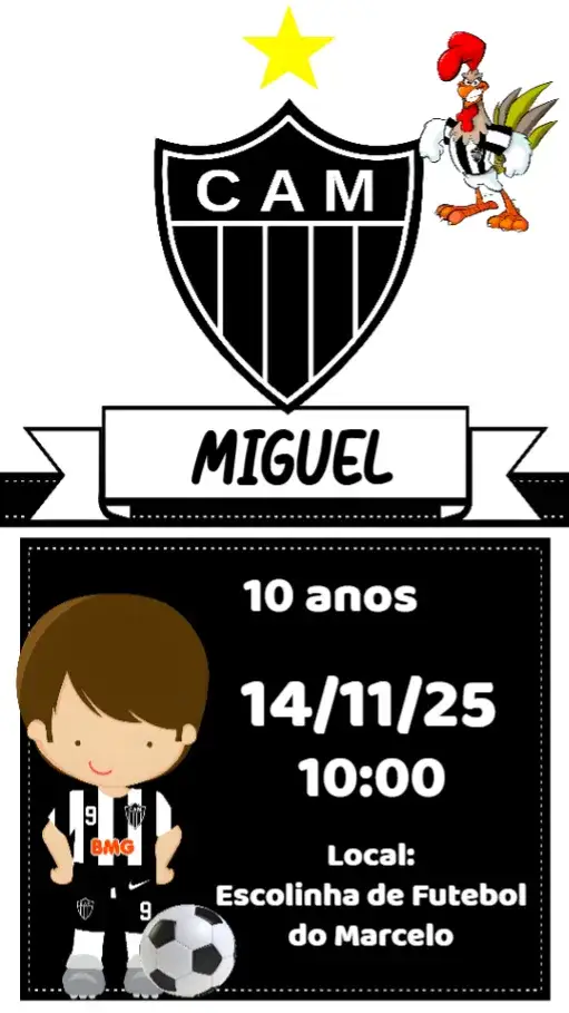 Convite Atlético Mineiro – tema Aniversário futebol, moderno, vibrante, esportivo, personalizável